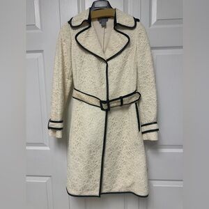 Eccoci cream lace and black leather trim trench coat size 6